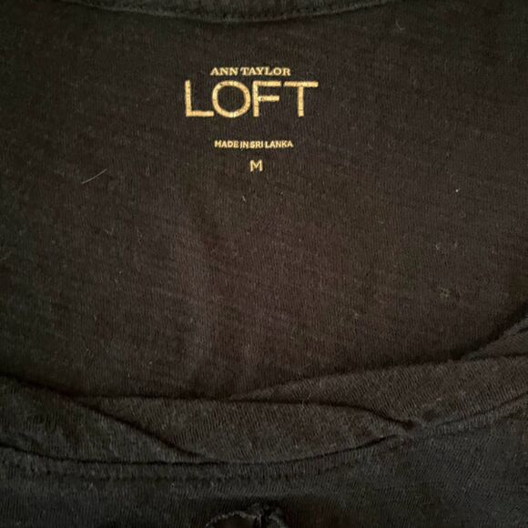 LOFT Black Cotton Tee Boho Minimalist Floral Embroidered Top Casual Chic M - Picture 3 of 5